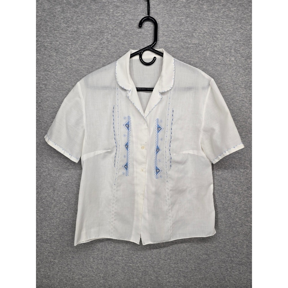 Vintage Handmade Embroidered Blouse White/Blue Short Sleeve Camp Collar Sheer